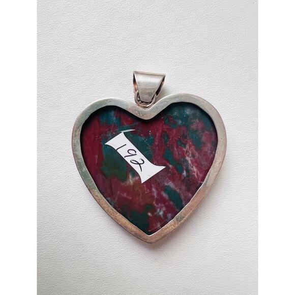 Large Sterling Silver Bloodstone Heart Pendant Red Green Pattern Decorative Bail - Picture 3 of 7